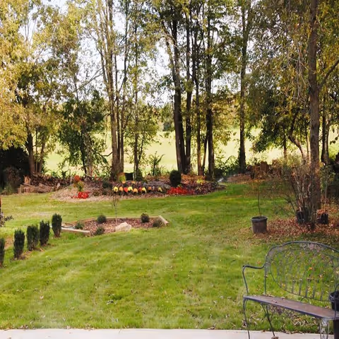 A peaceful outdoor garden area with green grass, a variety of trees, and flower beds with colorful flowers. There is a metal bench on the right side near a concrete path.