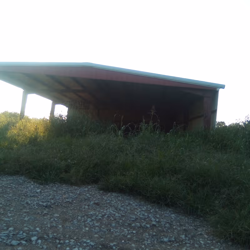 Open metal-roof shelter over grassy hillside with gravel path in foreground.