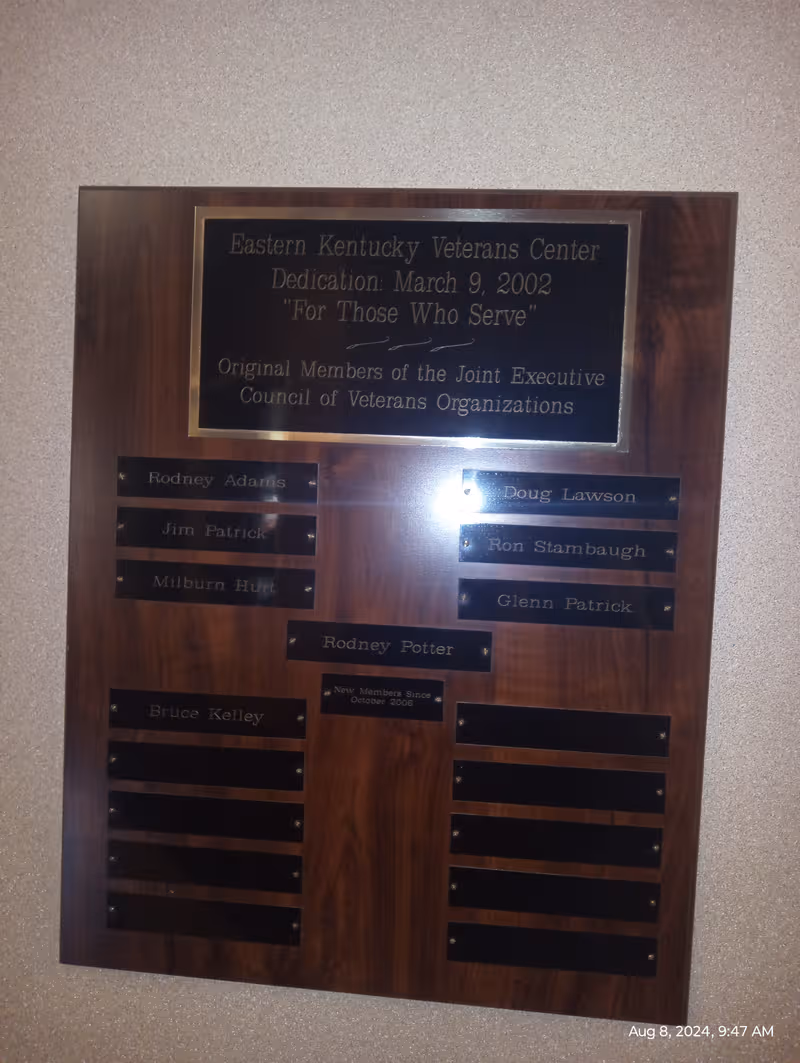 Wall plaque with many nameplates honoring veterans at Paul E. Patton Eastern Kentucky Veterans Center.