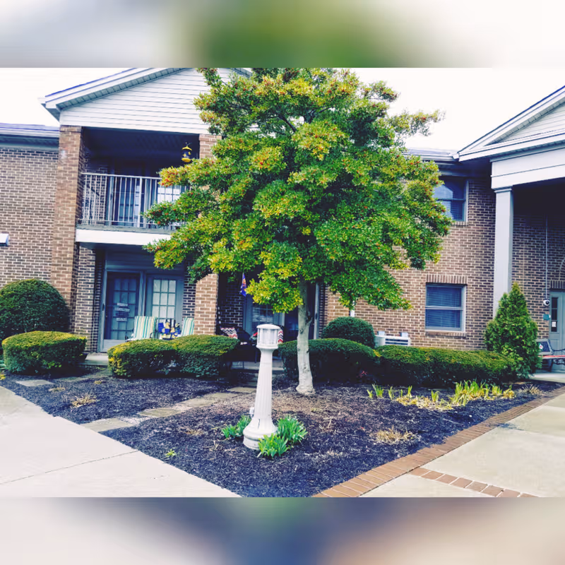 Brick senior living building facade with tree, shrubs, and a sidewalk in front.