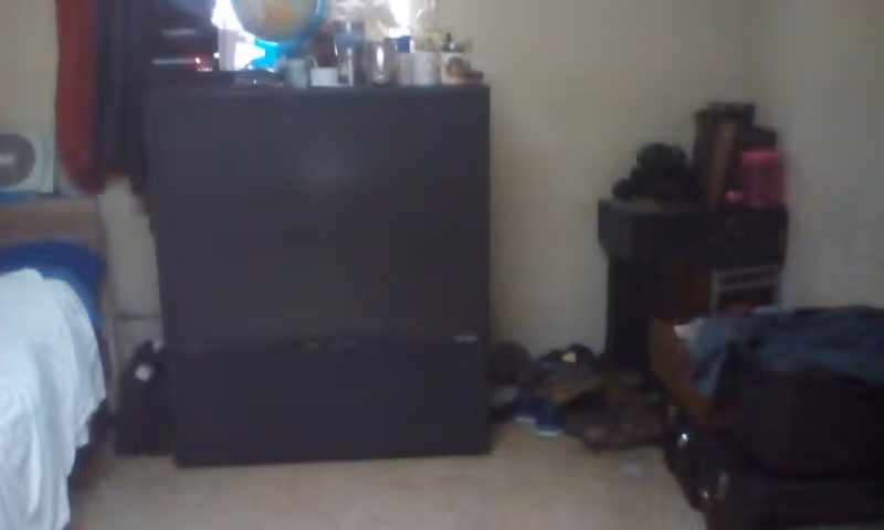 Interior room with a large black fridge, a bed, and cluttered items.