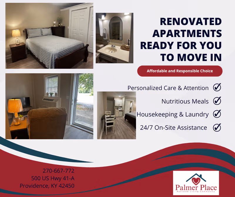 Collage showing furnished bedroom, bathroom, living area, and kitchen at Palmer Place senior living.