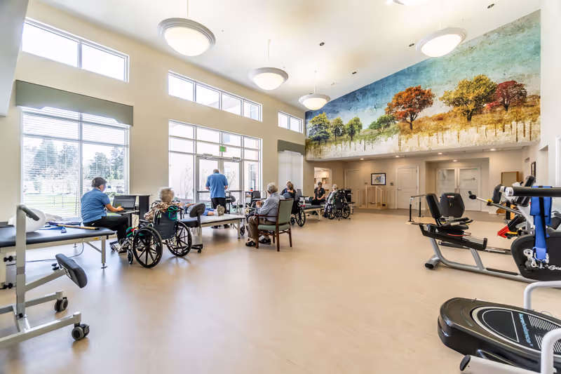 A spacious rehabilitation or therapy room with large windows letting in natural light. Several elderly individuals, some in wheelchairs, are engaged in physical therapy activities with staff assistance. The room features exercise equipment, therapy tables, and a large colorful mural of trees on one wall.