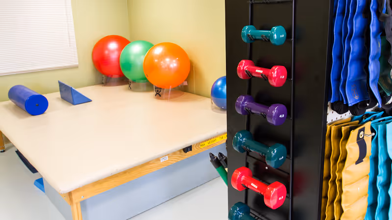 Physical therapy/exercise room with a padded treatment table, stability balls, foam rollers, resistance bands, and a vertical rack of colorful dumbbells.