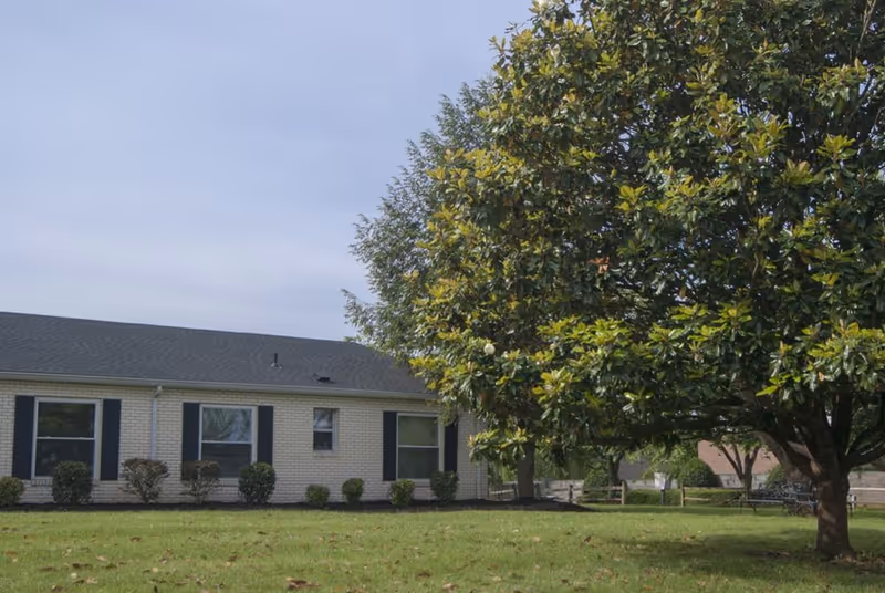 Single-story brick building with a large tree and grassy lawn in front under a cloudy sky.