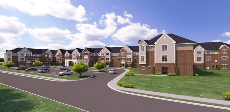 Exterior view of a large, multi-story senior living facility building with brick and siding facade, surrounded by green lawns and a parking lot with several cars under a partly cloudy sky.
