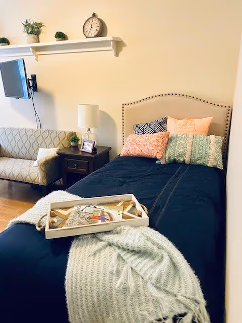 A cozy bedroom featuring a bed with a beige upholstered headboard, decorated with multiple colorful pillows and a knitted throw blanket. A wooden tray with decorative items rests on the bed. Next to the bed is a dark wooden nightstand with a lamp, a small plant, and a framed photo. A patterned loveseat is positioned against the wall, and a wall-mounted TV is visible above it. A white shelf with small plants and a clock is mounted on the wall above the loveseat.