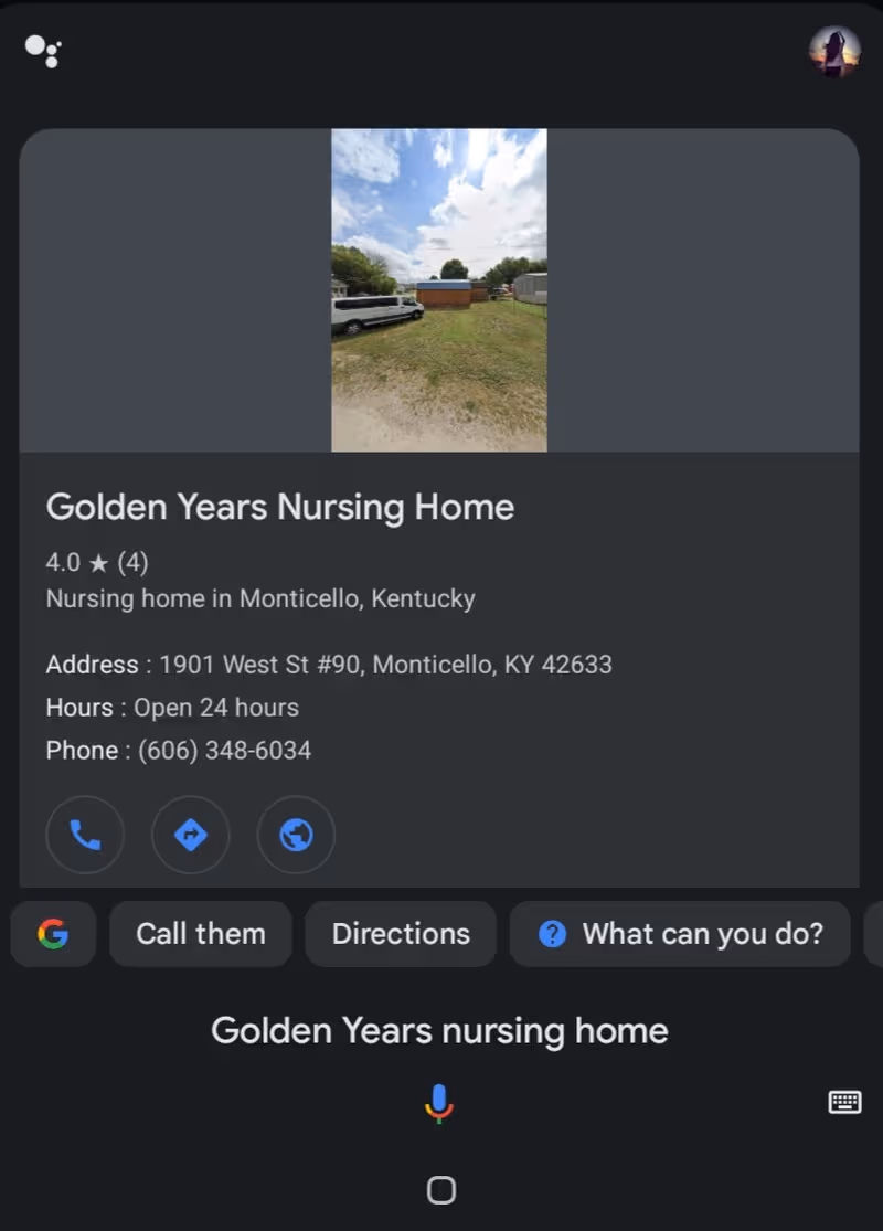 Outdoor photo of Golden Years Nursing Home building with vehicles in a grassy lot.