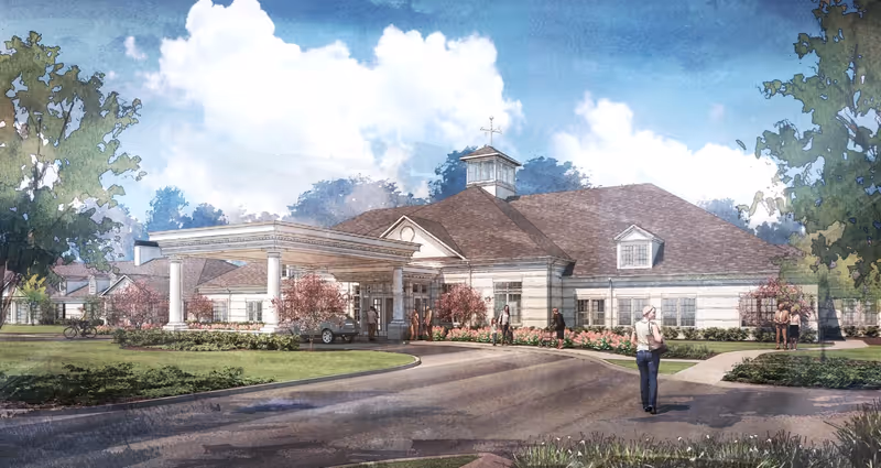 Exterior view of a single-story senior living facility named Ashton Grove with a covered entrance, landscaped gardens, and several people walking near the building under a partly cloudy sky.