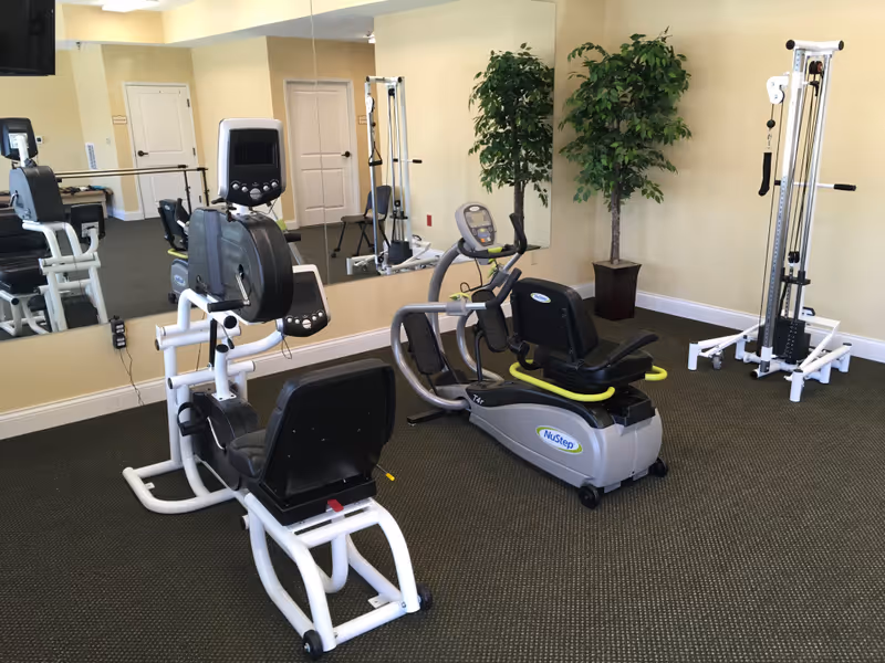 A small fitness room with exercise equipment including a recumbent bike, a NuStep machine, and a cable weight machine. The room has beige walls, a large mirror on one wall, a potted artificial plant, and a dark carpeted floor.