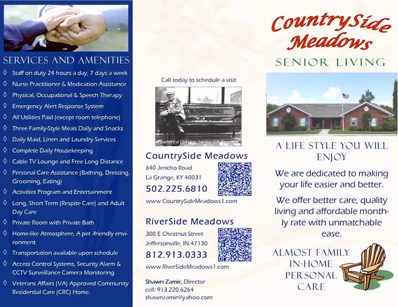 Brochure page for CountrySide Meadows Senior Living showing exterior building and service listings.