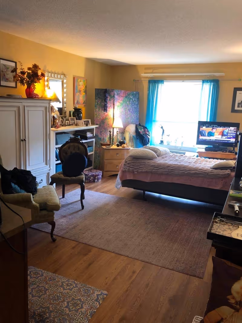 A cozy bedroom with a bed covered in a pink quilt and pillows, a TV on a stand showing a news program, a window with blue curtains letting in natural light, a wooden floor with a large area rug, an armchair, a small table with a lamp, and various decorative items including framed pictures and a colorful room divider.