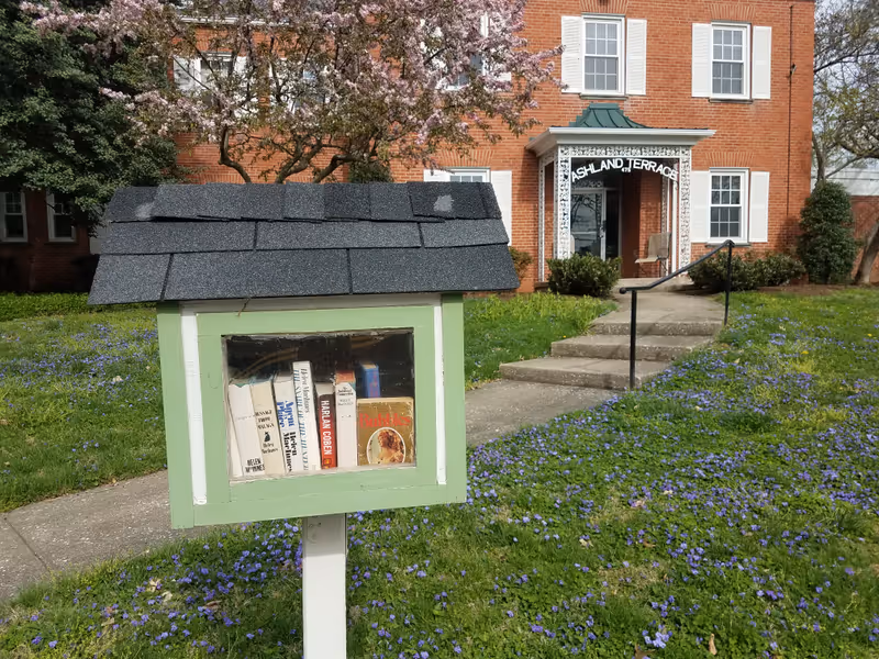 Exterior view of Ashland Terrace with a small green bookcase mailbox on the front lawn.