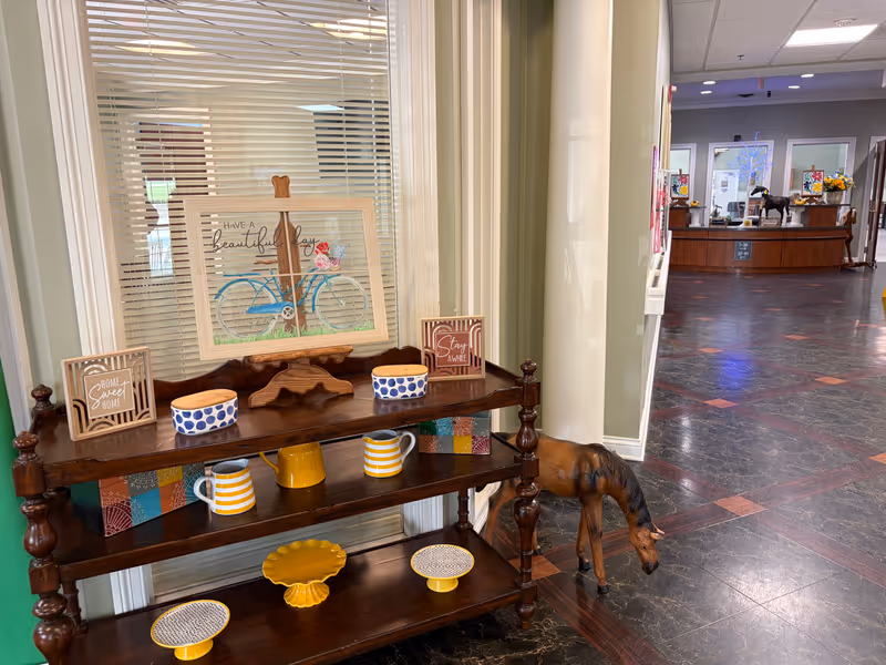 Decorative wooden shelf with mugs, plates, and bicycle artwork in a lobby.