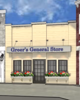 Exterior view of Greer's General Store with a beige facade, three windows with flower boxes filled with red and white flowers, and a central door under a sign displaying the store's name.