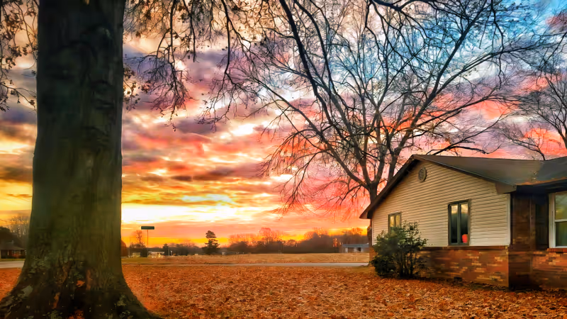 Sunset sky over Brookdale Murray exterior building with trees and fallen autumn leaves.