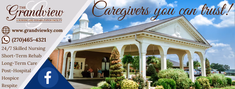 Exterior view of The Grandview Nursing and Rehabilitation Facility showing a covered entrance with white columns, a landscaped garden with bushes and trees, and a blue sky with clouds. Text on the image includes the facility name, website, phone number, services offered, and the slogan 'Caregivers you can trust!'