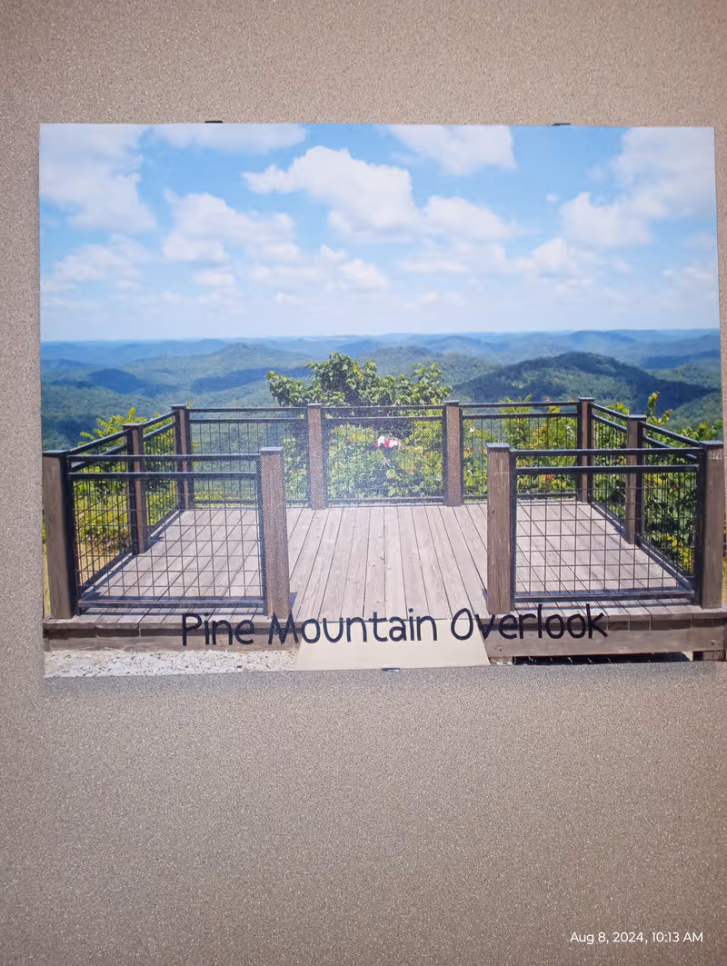 Outdoor wooden overlook deck with railing and distant mountain scenery.