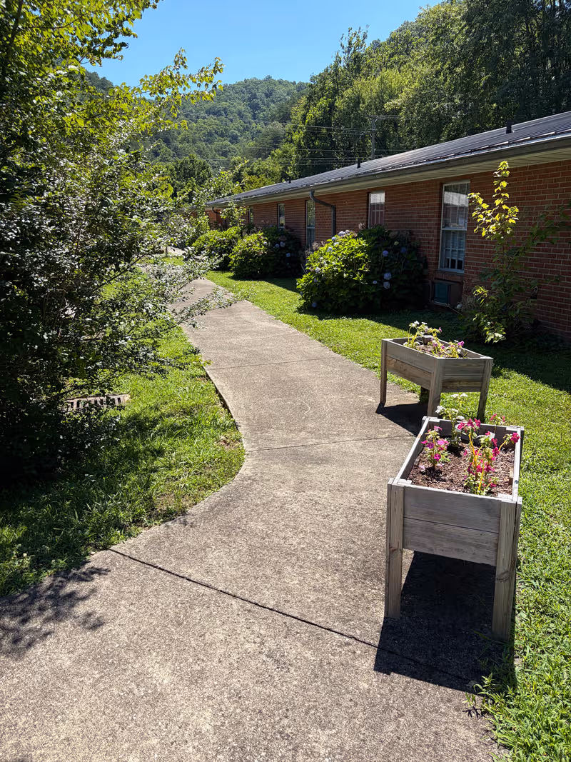 Sunny outdoor walkway beside a brick senior living facility with planters.