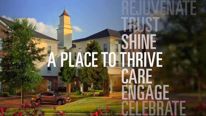 Exterior front of a senior living building with landscaping, a parked car, and large overlaid promotional text.