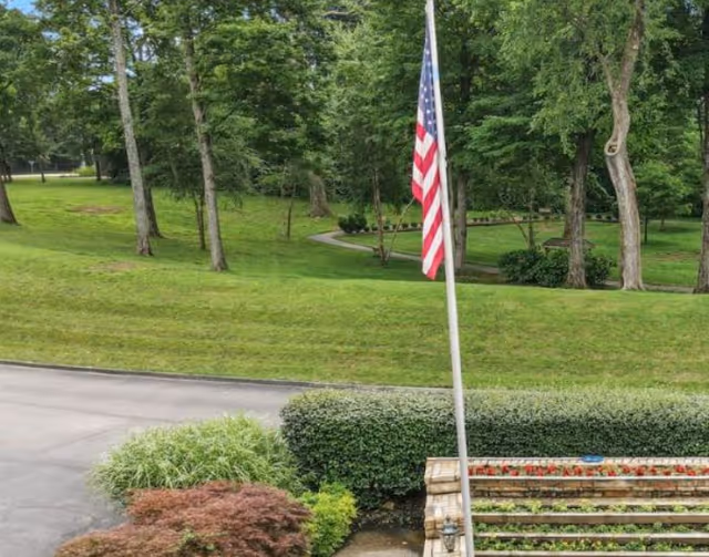 A landscaped outdoor area with a green lawn, trees, and a winding paved path. In the foreground, there is a flagpole with an American flag, trimmed bushes, and a flower bed with red flowers.