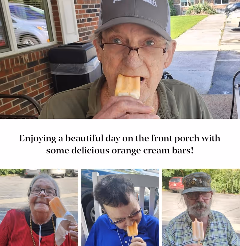 Several seniors enjoying orange cream bars on a front porch.
