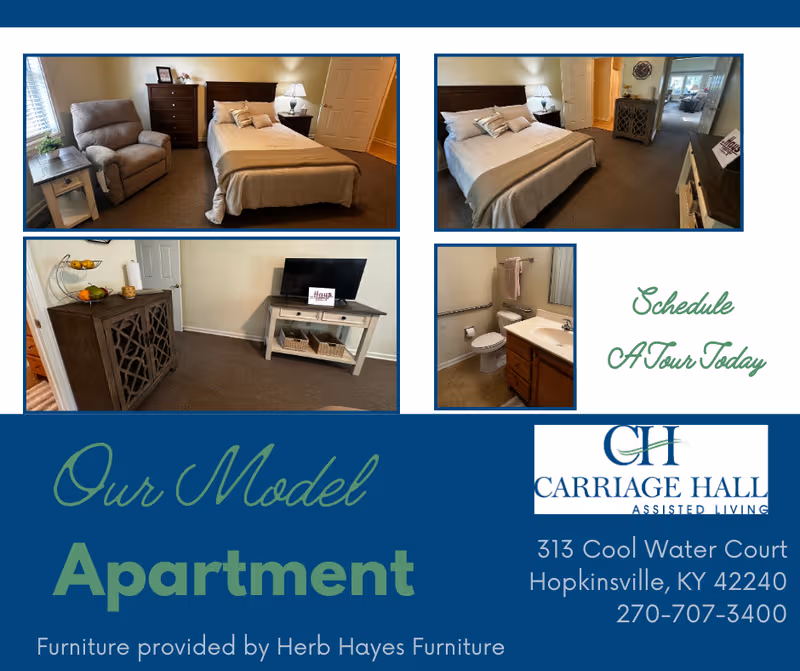 Collage of a model apartment: bedroom, living area, TV stand, and bathroom fixtures.