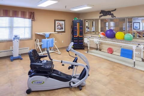 A physical therapy or exercise room with a recumbent exercise bike, parallel bars for walking support, colorful exercise balls, a rack of dumbbells, and a large mirror on the wall. The room has beige walls, a window with striped curtains, and framed artwork.