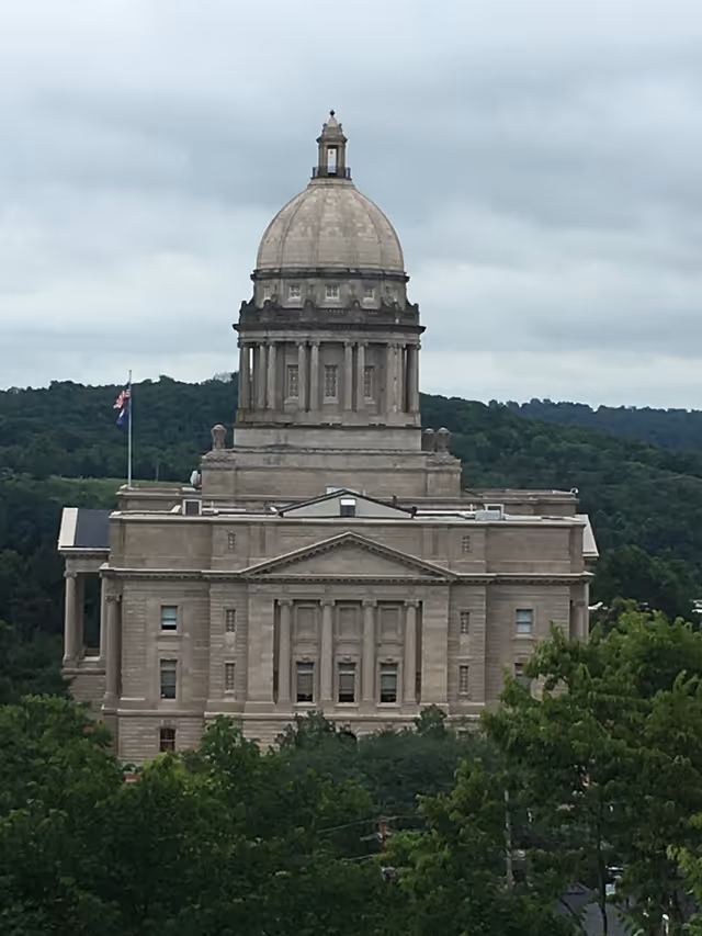 Front view of a large stone domed government-style building surrounded by trees under a cloudy sky.