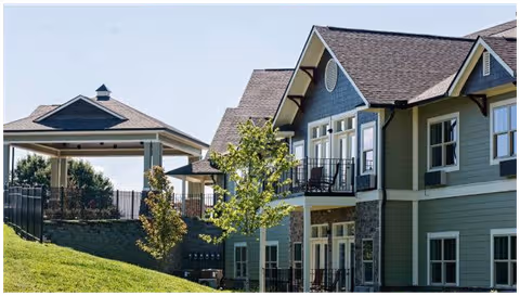 Exterior view of a multi-story Dominion Senior Living of Richmond facility with balconies and landscaping.