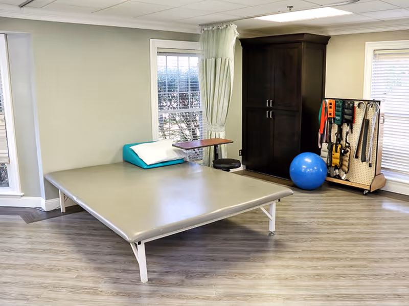 Therapy room with a large padded treatment table, pillow, exercise ball, and a cart of resistance equipment near windows.