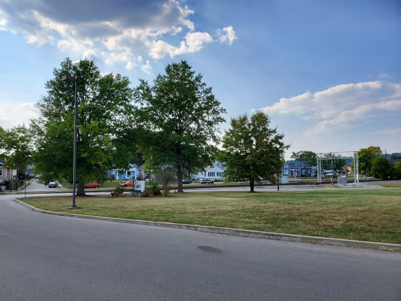Wide street with grassy median, large trees, and distant houses lining the road.