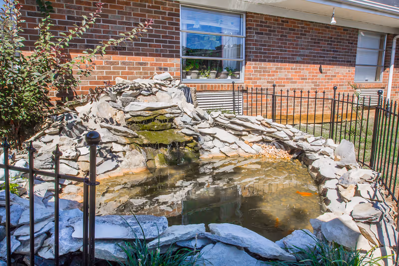 Outdoor koi pond with a small waterfall feature surrounded by rocks and a black metal fence, situated next to a brick building with windows and some plants visible.