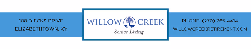 Blue Willow Creek Senior Living banner with logo, address, and phone number.