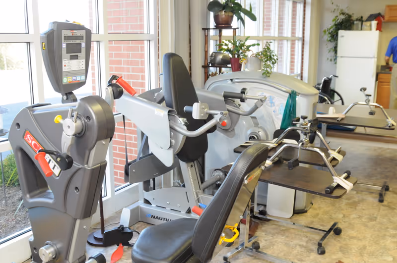 A bright exercise room with various fitness equipment including a seated leg press machine, a rowing machine, and other workout apparatus. The room has large windows letting in natural light, a shelf with potted plants, and a refrigerator in the background.