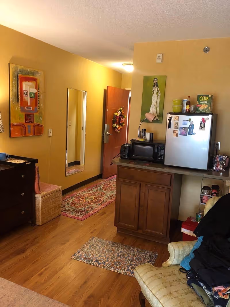 Interior of a small studio living area showing a kitchenette with a mini fridge and microwave, armchair, rugs, wall art, and an open entry door.