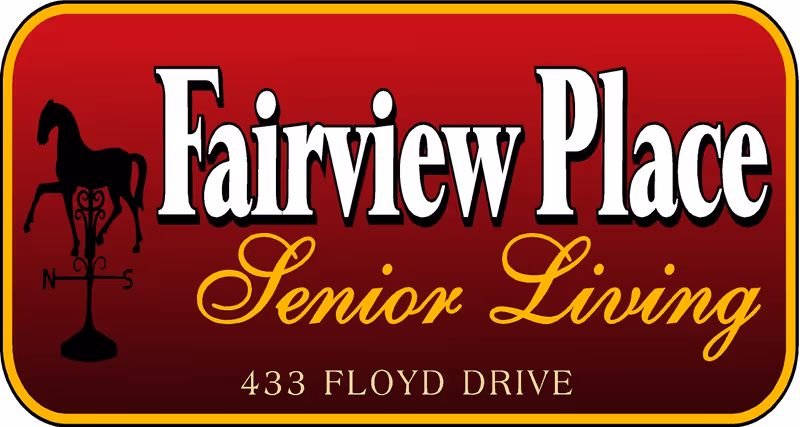 Red Fairview Place Senior Living sign with horse weather vane and 433 Floyd Drive address
