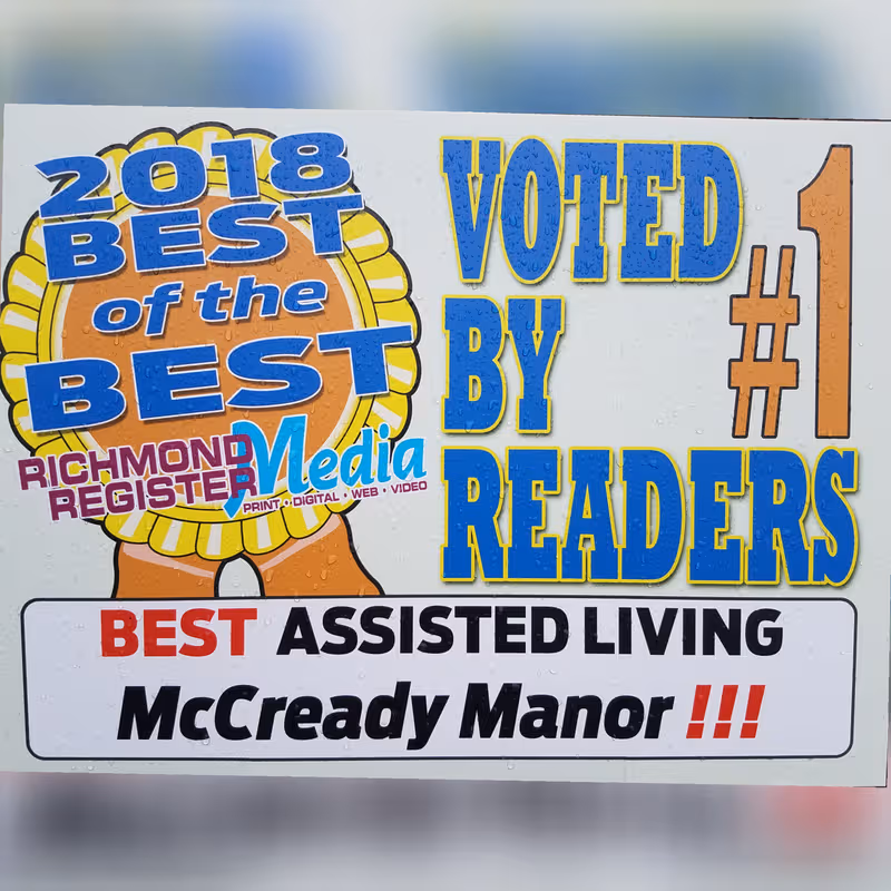 Colorful sign announces 2018 Best of the Best, Voted by Readers, McCready Manor.