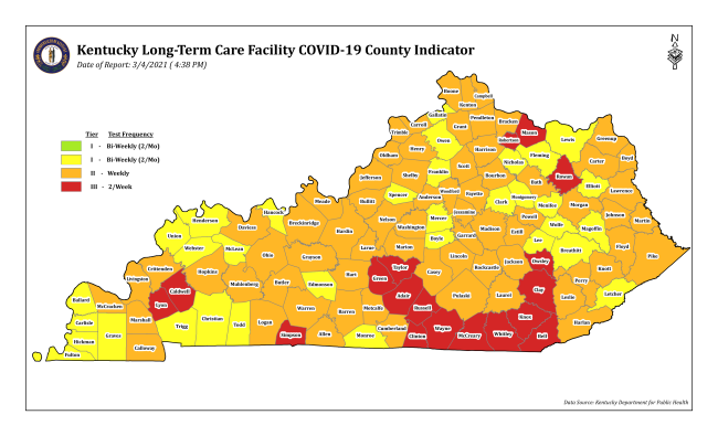 Kentucky Long-Term Care Facility COVID-19 County Indicator, Map, COVID-19 Surveillance Testing